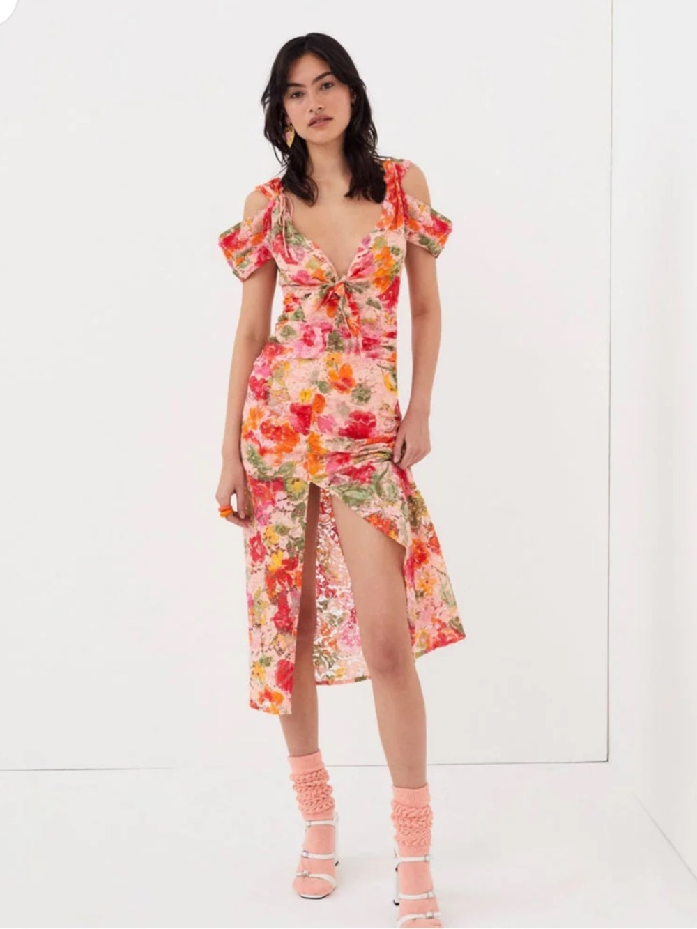 NWT For Love & Lemons Beth Midi Dress Floral Lace Pink Dress Size Large